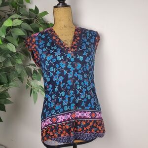 NEW Daniel Rainn Floral V-Neck Blouse - Blue and Orange Women's Size Small
